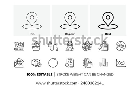 Wallet, Coronavirus and Synchronize line icons. Pack of Ice cream, Web mail, Charging cable icon. Pre-order food, Inspect, Pin pictogram. Bill accounting, Nurse, Delivery timer. Line icons. Vector