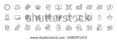 Qr code, Energy and Loyalty points line icons. Pack of Fake news, Lock, Checkbox icon. Map, Swipe up, Phone image pictogram. Location, Certified refrigerator, Loyalty card. Growth chart. Vector