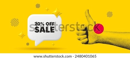 Hand showing thumb up like sign. Sale 20 percent off discount. Promotion price offer sign. Retail badge symbol. Sale chat box 3d message. Grain dots hand. Like thumb up sign. Vector