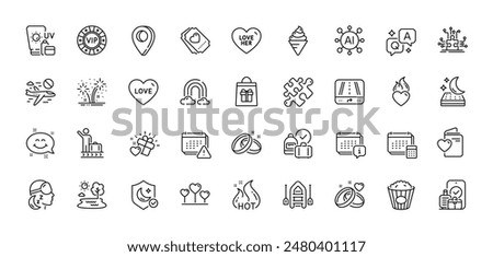 Luggage belt, Gps and Mattress line icons pack. AI, Question and Answer, Map pin icons. Insomnia, Love heart, Popcorn web icon. Calendar, Smile chat, Wedding rings pictogram. Vector