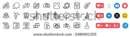 Video conference, Creative idea and Presentation line icons pack. Social media icons. Justice scales, Lightning bolt, Recovery photo web icon. Vector