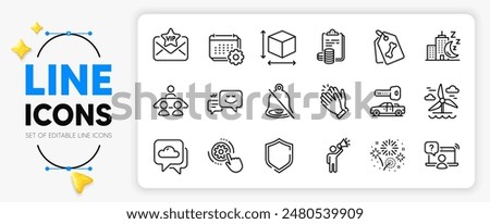 Shield, Online question and Cogwheel settings line icons set for app include Fireworks, Happy emotion, Mute outline thin icon. Accounting, Night city, Pet tags pictogram icon. Car key. Vector