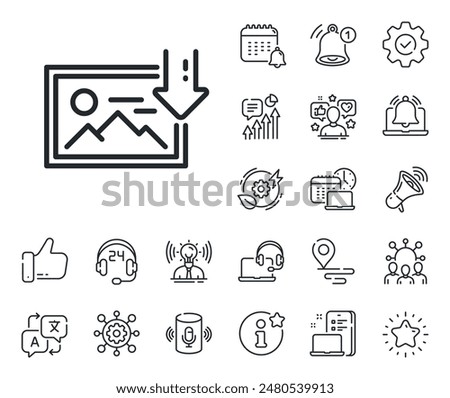 Image thumbnail sign. Place location, technology and smart speaker outline icons. Download photo line icon. Picture placeholder symbol. Download photo line sign. Vector