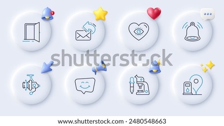 Bell alert, Share mail and Open door line icons. Buttons with 3d bell, chat speech, cursor. Pack of Microscope, Meditation eye, Fishing reel icon. Smile chat, Petrol station pictogram. Vector