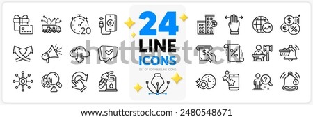 Icons set of Best app, Phone charging and Gift card line icons pack for app with Atm service, Auction, Multitasking gesture thin outline icon. Approved, World statistics. Design with 3d stars. Vector