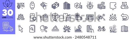 Buildings, Car charging and Business meeting line icons pack. Skyscraper buildings, Creative idea, Search web icon. Skin care, Quick tips, Chemistry lab pictogram. Smartwatch, Volunteer. Vector