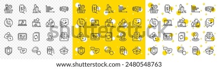Outline Smartphone protection, Locks and Text message line icons pack for web with 5g wifi, Update document, Yummy smile line icon. Laptop repair, Horizontal chart, Fuel price pictogram icon. Vector