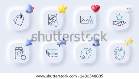 Ram, Fingerprint and Loyalty program line icons. Buttons with 3d bell, chat speech, cursor. Pack of Recovery hdd, Sale tags, Charging time icon. Secure mail, Star rating pictogram. Vector