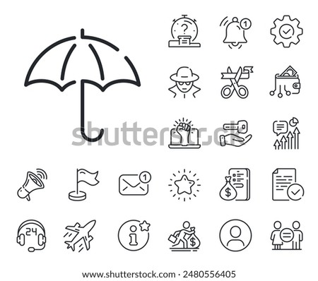 Rain defence sign. Salaryman, gender equality and alert bell outline icons. Umbrella line icon. Safe insurance symbol. Umbrella line sign. Spy or profile placeholder icon. Vector