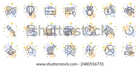 Outline set of File, Money currency and Saving electricity line icons for web app. Include Bike, Rating stars, Target goal pictogram icons. Read instruction, Timer, Clock signs. Vector