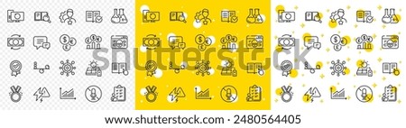 Outline Chemistry lab, Change money and Balance line icons pack for web with Money currency, Currency rate, Read instruction line icon. Lightning bolt, Solar panel. Yellow design with 3d stars. Vector