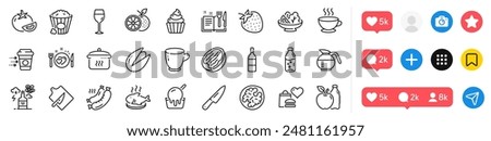 Water bottle, Cupcake and Romantic dinner line icons pack. Social media icons. Coffee delivery, Coffee cup, Ice cream web icon. Knife, Grilled sausage, Popcorn pictogram. Vector