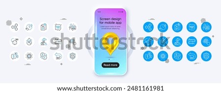 Phone mockup with 3d map pin icon. Risk management, Interview documents and Money currency line icons. Pack of Dice, Charging time, Currency exchange icon. Vector