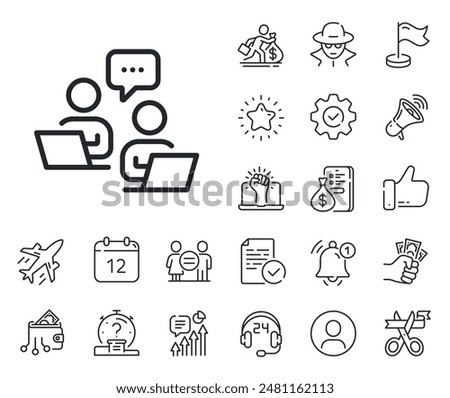 Remote office sign. Salaryman, gender equality and alert bell outline icons. Teamwork line icon. Team employees symbol. Teamwork line sign. Spy or profile placeholder icon. Vector