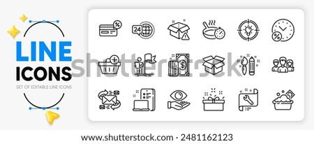 Spanner, Loan percent and 24h service line icons set for app include Open box, Device, Present box outline thin icon. Frying pan, Cashback, Teamwork pictogram icon. Leadership, Idea. Vector