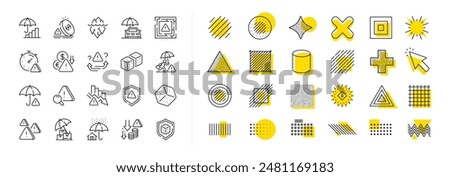 Safety umbrella, Iceberg threat and dice gambling set. Design shape elements. Risk management line icons. Reduce finance, win chance and maze labyrinth line icons. Vector