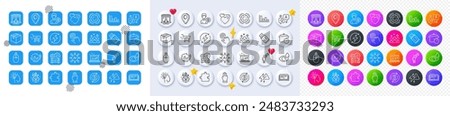 Three fingers, Puzzle and Cursor line icons. Square, Gradient, Pin 3d buttons. AI, QA and map pin icons. Pack of Lightning bolt, Fireworks rocket, Person idea icon. Vector