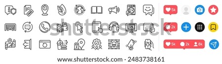 Map, Sign out and Photo thumbnail line icons pack. Social media icons. Shield, Update comments, Teamwork web icon. Binary code, Cursor, Book pictogram. Vector