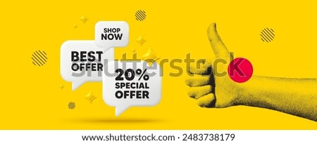Hand showing thumb up like sign. 20 percent discount offer tag. Sale price promo sign. Special offer symbol. Discount chat box 3d message. Grain dots hand. Like thumb up sign. Best offer. Vector
