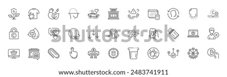 Food market, Shop and Collagen skin line icons. Pack of Hand click, Online shopping, Face scanning icon. Attention, Account, Remove account pictogram. Cooking beaker, Bitcoin pay. Line icons. Vector