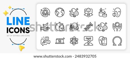 Calcium mineral, Voicemail and Teamwork line icons set for app include Dermatologically tested, Sick man, 5g notebook outline thin icon. Timer, Fluorine mineral, Aroma candle pictogram icon. Vector