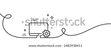 Computer or Monitor icon. Continuous one line with curl. Service Cogwheel sign. Personal computer symbol. Monitor settings single outline ribbon. Loop curve pattern. Vector