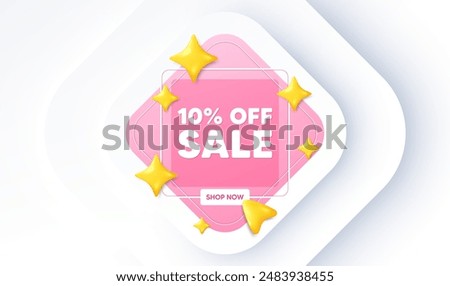 Sale 10 percent off discount. Neumorphic promotion banner. Promotion price offer sign. Retail badge symbol. Sale message. 3d stars with cursor pointer. Vector
