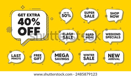 Offer speech bubble icons. Get Extra 40 percent off Sale. Discount offer price sign. Special offer symbol. Save 40 percentages. Extra discount chat offer. Speech bubble discount banner. Vector