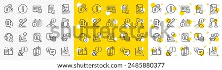 Reception information, Journey path, Guide book. Info center line icons. Call center, Faq chat bubbles, Info help desk icons. Question mark, Search information and Customer help service. Vector