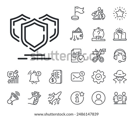 Privacy secure sign. Salaryman, gender equality and alert bell outline icons. Shields line icon. Safe defense symbol. Shields line sign. Spy or profile placeholder icon. Online support, strike. Vector