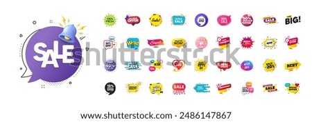 Discount offer sale banners pack. Promo price deal stickers. Special offer 3d speech bubble. Promotion flash coupons. Mega discount deal banners. Sale chat speech bubble. Ad promo message. Vector