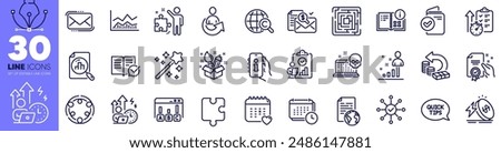 Trade infochart, Difficult stress and Puzzle line icons pack. Share, Certificate, Approved documentation web icon. Calendar, Inspect, Timer pictogram. Strategy, Messenger mail, Survey check. Vector