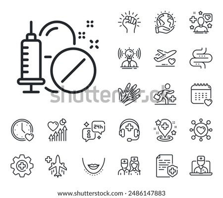 Medicine syringe sign. Online doctor, patient and medicine outline icons. Medical drugs line icon. Pharmacy medication symbol. Medical drugs line sign. Vector