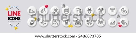 Document, Honor and Clipboard line icons. White buttons 3d icons. Pack of Dog leash, Efficacy, Messenger mail icon. Vr, Calendar, Lightning bolt pictogram. Vector