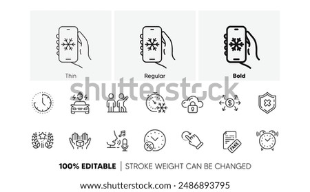 Ranking, Hold box and Loan percent line icons. Pack of Microphone, Rotation gesture, Air conditioning icon. Time, Teamwork, Fake news pictogram. Reject protection, Car charging. Line icons. Vector