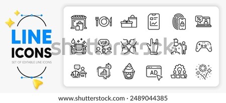 Bitcoin project, Teamwork and Squad line icons set for app include Cake, Horns hand, Gifts outline thin icon. Report document, Lock, Vip clients pictogram icon. Statistics timer, FireworksAd. Vector