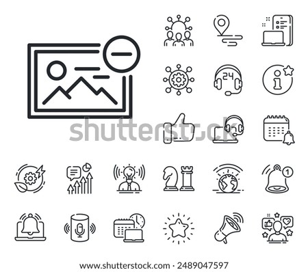 Photo thumbnail sign. Place location, technology and smart speaker outline icons. Remove image line icon. Picture placeholder symbol. Remove image line sign. Influencer, brand ambassador icon. Vector