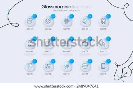 Set of Hot loan, Cursor and Airplane mode line icons for web app. Touchscreen gesture, Eco energy, Refund commission icons. Food delivery, Messenger mail, Romantic talk signs. Vector