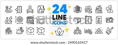 Icons set of Algorithm, Entrance and Engineering team line icons pack for app with Box size, Push cart, Package size thin outline icon. Square meter, Brush, Working process pictogram. Vector