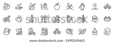 Icons pack as Face attention, Thermometer and Bike timer line icons for app include Dont touch, Medical mask, Vision test outline thin icon web set. Leaf dew, Grow plant. Vector