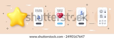 Baggage size, Buying currency and Vip security line icons pack. Phone screen mockup with 3d bell, star and placeholder. Umbrella, Wallet, 48 hours web icon. Approved report, Lock pictogram. Vector