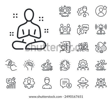 Meditation pose sign. Specialist, doctor and job competition outline icons. Yoga line icon. Relax body and mind symbol. Yoga line sign. Avatar placeholder, spy headshot icon. Strike leader. Vector