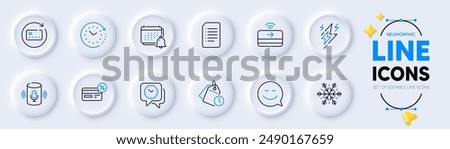 Contactless payment, Time change and Document line icons for web app. Pack of Clock, Air conditioning, Smile pictogram icons. Lightning bolt, Notification, Voice assistant signs. Vector