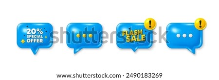 Offer speech bubble 3d icons. 20 percent discount offer tag. Sale price promo sign. Special offer symbol. Discount chat offer. Flash sale, danger alert. Text box balloon. Vector