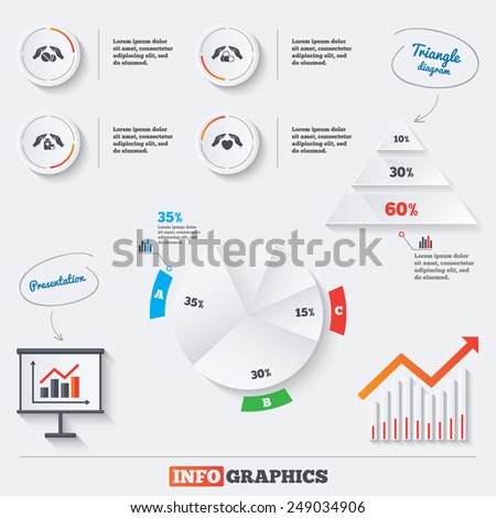 Pyramid chart with three options. Hands insurance icons. Health medical insurance symbols. Pills drugs and tablets bottle signs. Infographic background with pie chart and demand curve. Vector