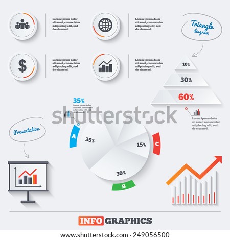 Pyramid chart with three options. Business icons. Graph chart and globe signs. Dollar currency and group of people symbols. Infographic background with pie chart and demand curve. Vector