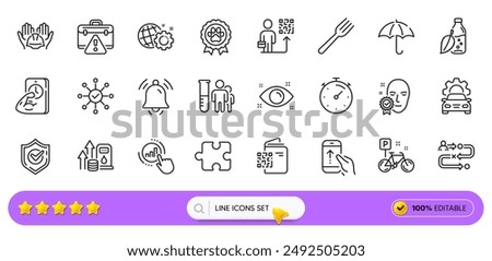 Dog competition, Bike and Medical analyzes line icons for web app. Pack of Face verified, Builders union, Seo gear pictogram icons. Swipe up, Health eye, Leadership signs. Qr code. Search bar. Vector