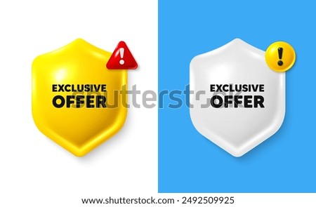 Exclusive offer tag. Shield 3d banner with text box. Sale price sign. Advertising discounts symbol. Exclusive offer chat protect message. Shield speech bubble banner. Danger alert icon. Vector