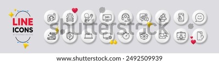 Airplane, Timer and Selfie stick line icons. White buttons 3d icons. Pack of Monitor settings, Smile chat, 24h service icon. Power safety, Food delivery, Search mail pictogram. Vector