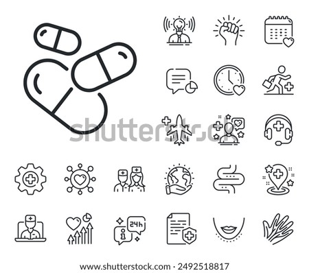 Medical drugs sign. Online doctor, patient and medicine outline icons. Capsule pill line icon. Pharmacy medication symbol. Capsule pill line sign. Veins, nerves and cosmetic procedure icon. Vector